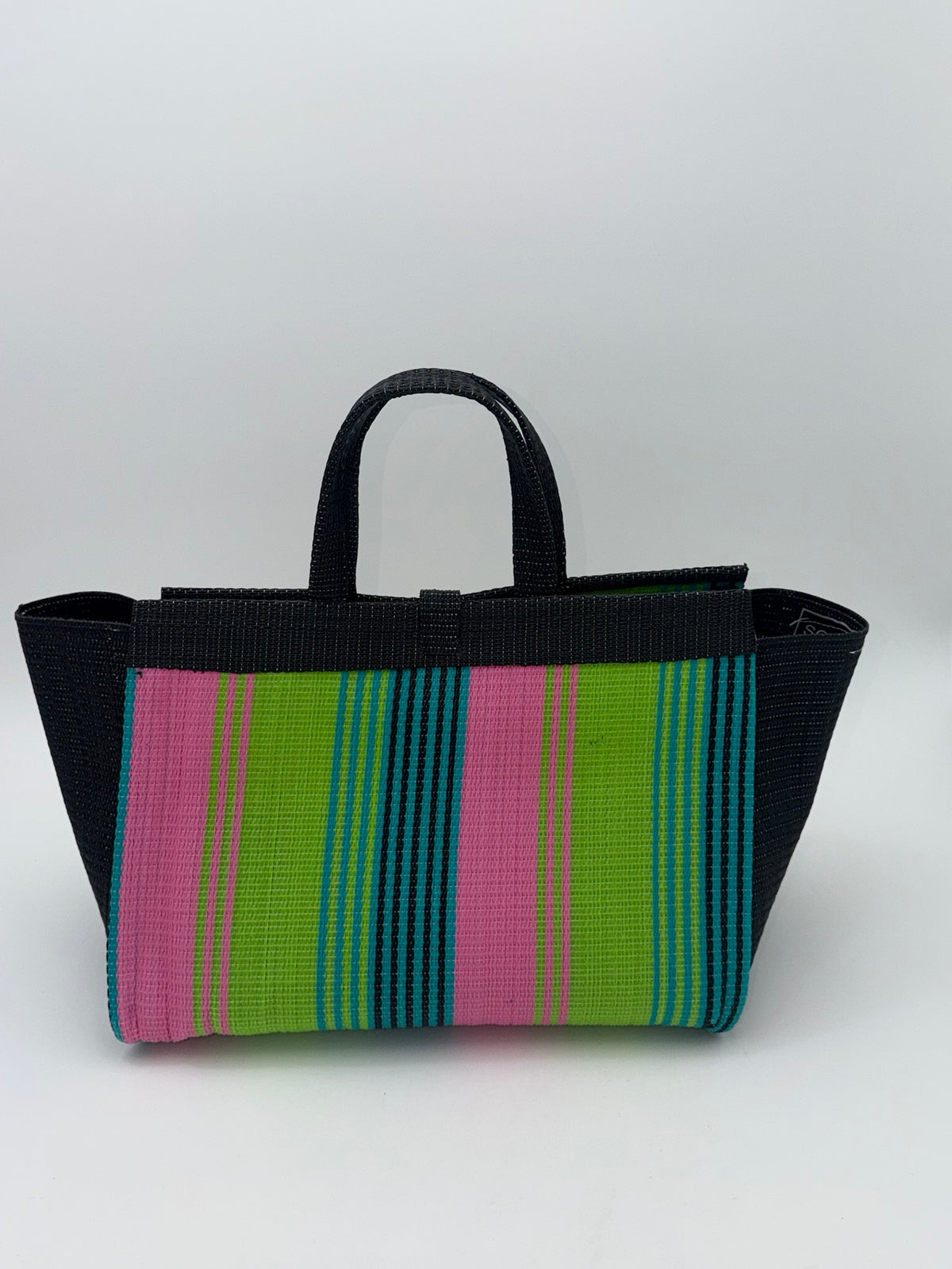 Midnight Large handwoven tote bag by SCRUBIES in Black,Lime,Pink with Stripes design and Bow accent pattern