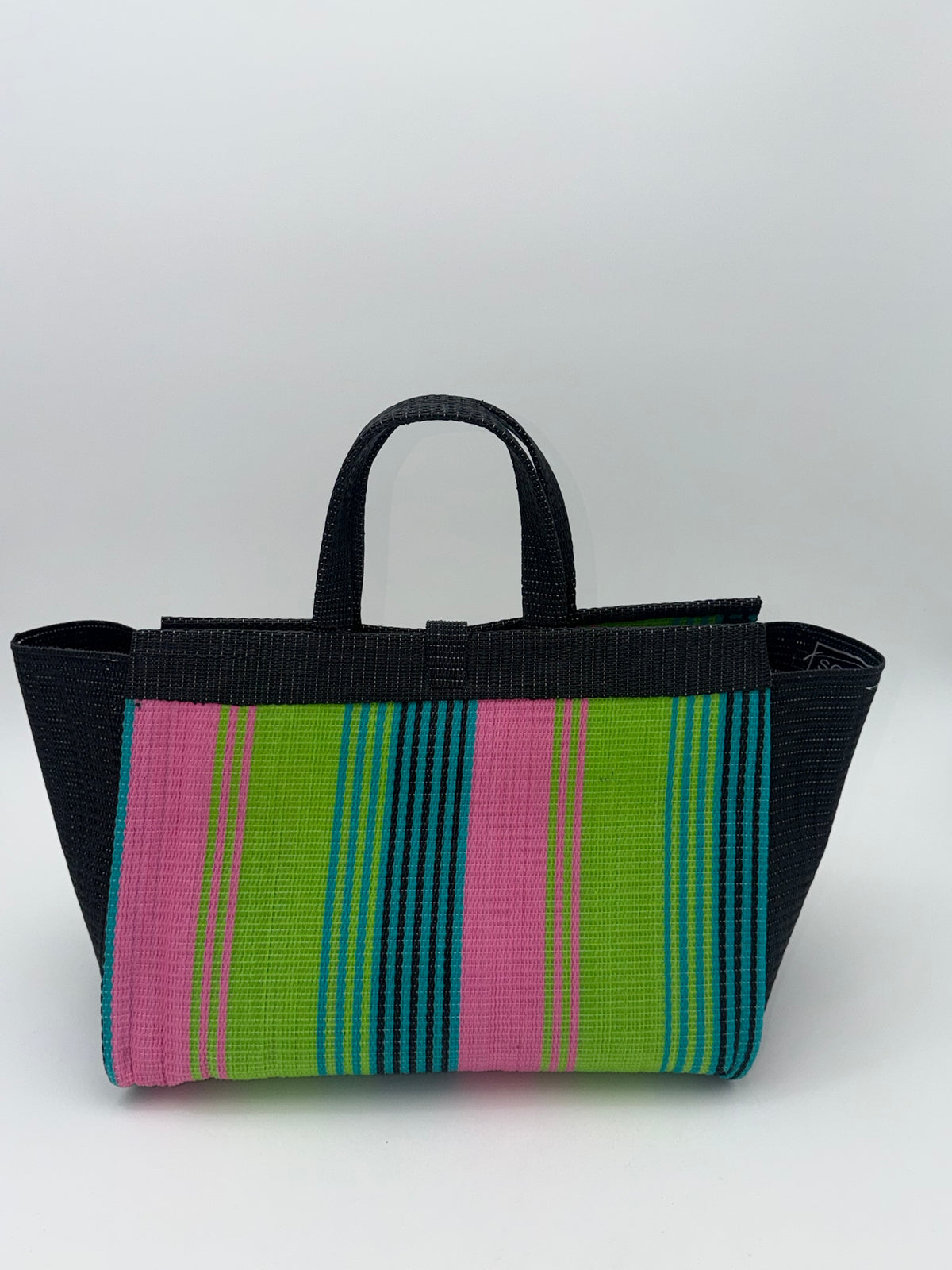 Midnight Large handwoven tote bag by SCRUBIES in Black,Lime,Pink with Stripes design and Bow accent pattern
