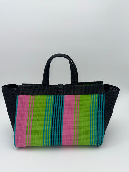 Midnight Large handwoven tote bag by SCRUBIES in Black,Lime,Pink with Stripes design and Bow accent pattern