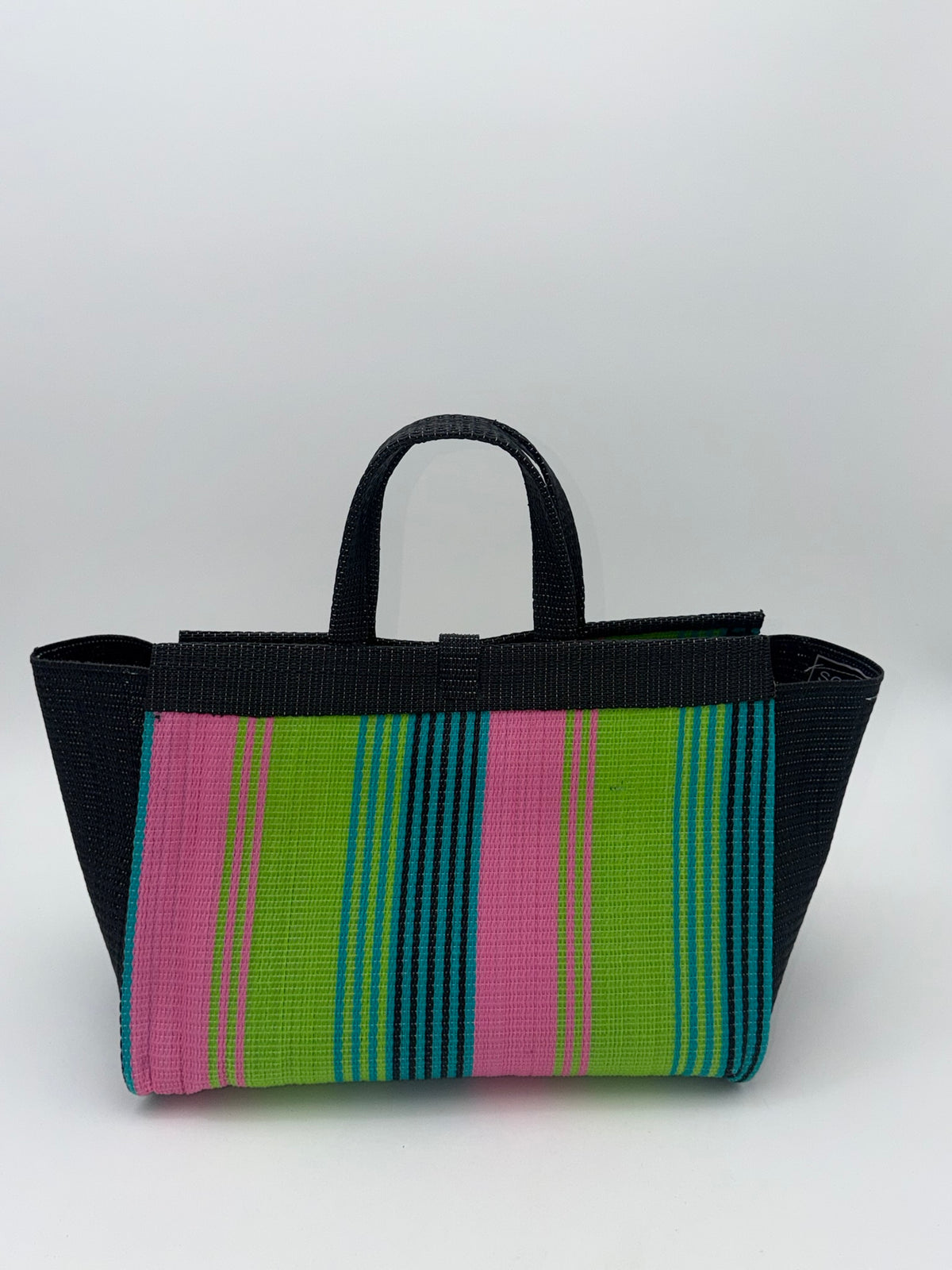 Midnight Large handwoven tote bag by SCRUBIES in Black,Lime,Pink with Stripes design and Bow accent pattern