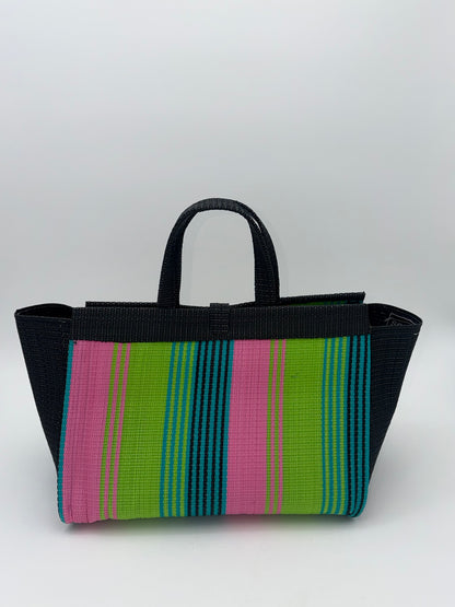 Midnight Large handwoven tote bag by SCRUBIES in Black,Lime,Pink with Stripes design and Bow accent pattern