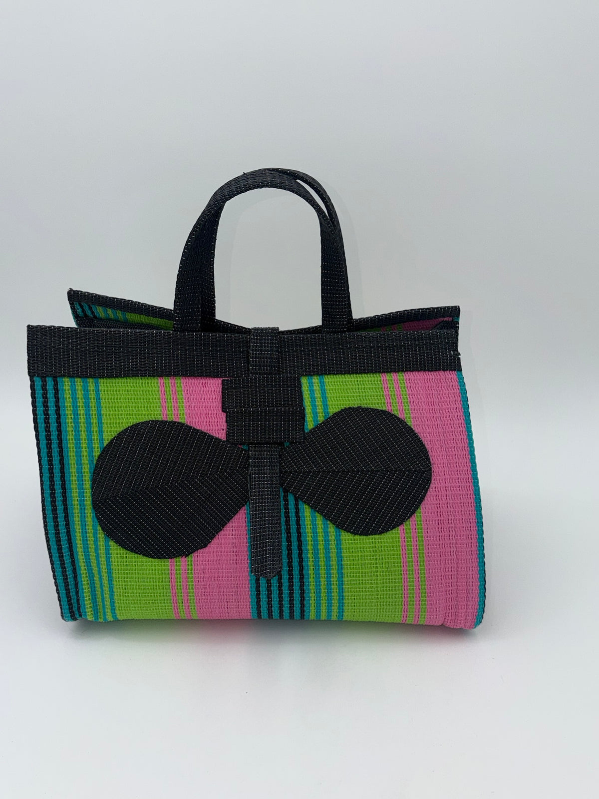 Midnight Large handwoven tote bag by SCRUBIES in Black,Lime,Pink with Stripes design and Bow accent pattern