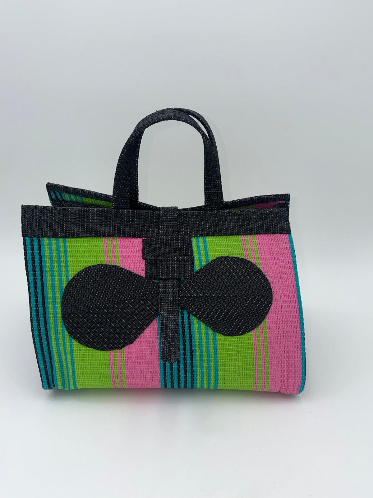 Midnight Large handwoven tote bag by SCRUBIES in Black,Lime,Pink with Stripes design and Bow accent pattern